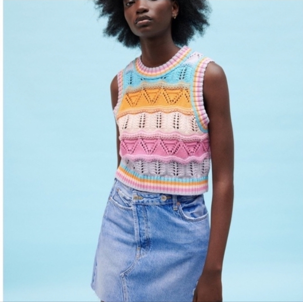 NWT/Zara | Multicolor Stripe Crochet Open Knit Cropped Sleeveless Top Large